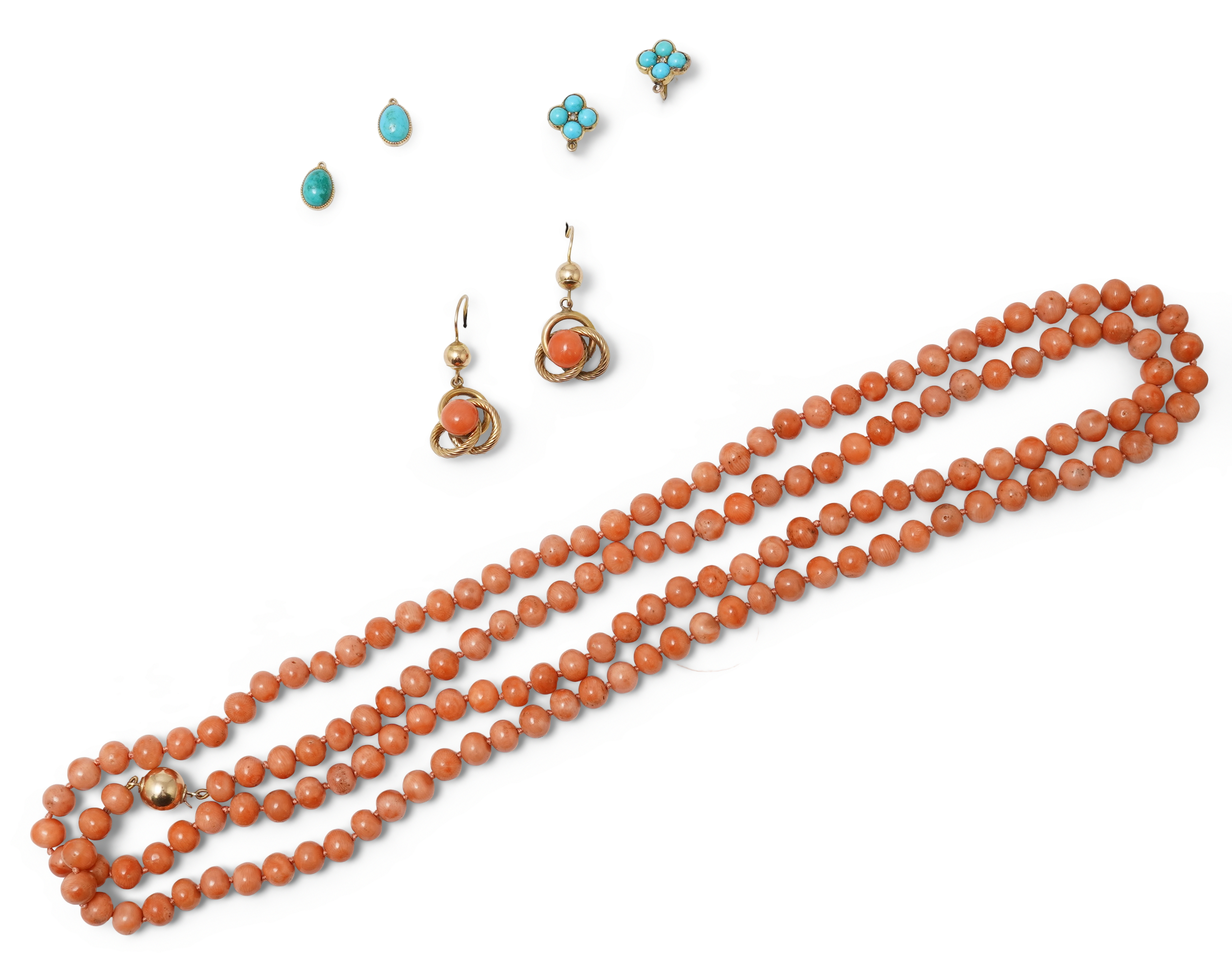 A collection of coral and turquoise jewels